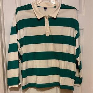 Green and White Striped Rugby Polo Shirt